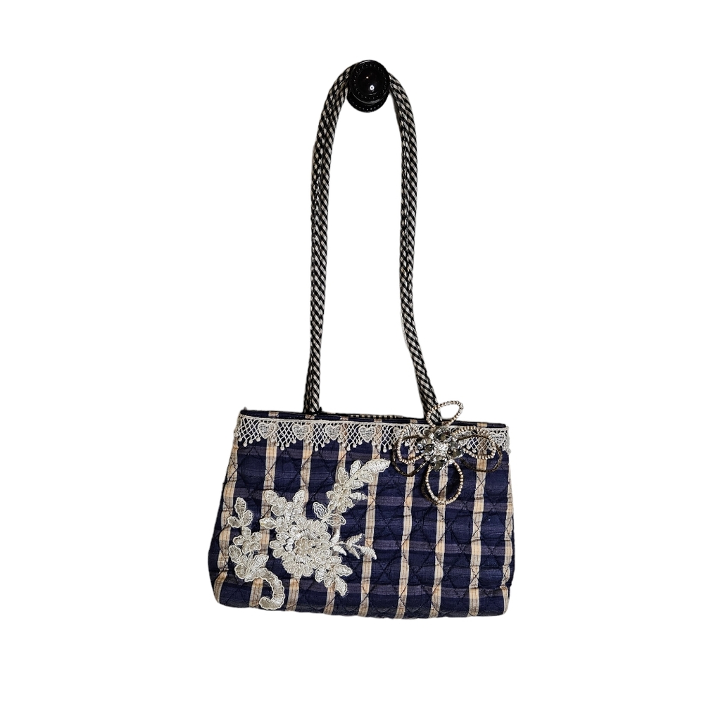 Vera Bradley Blue Plaid Silk Small Crossbody Purse with Beaded Floral NWT